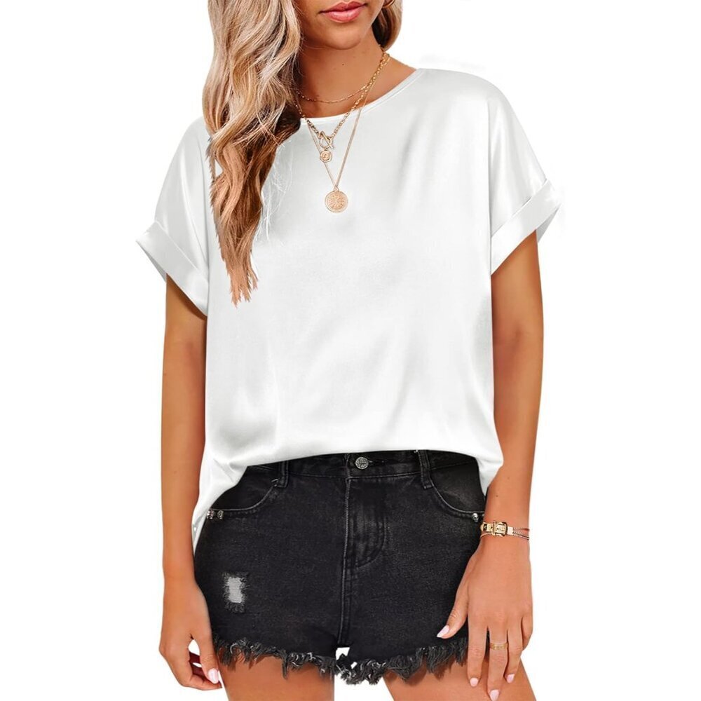Women's Satin Silk Short Sleeve Blouse Casual Elegant Work Tunic Top